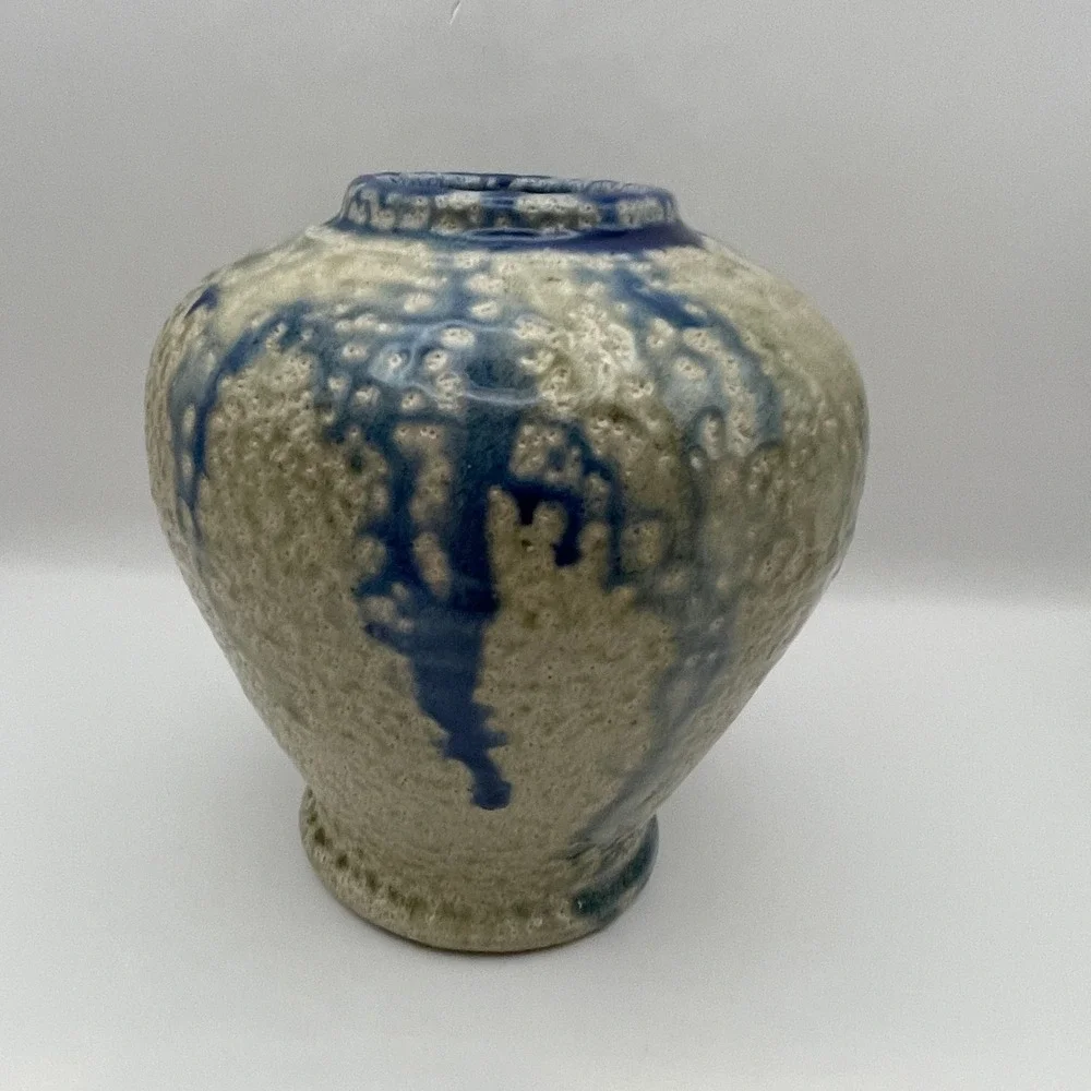 Terry Burke Seagrove NC Studio Pottery Salt Glaze Cobalt Blue Drip Vase 6.5in